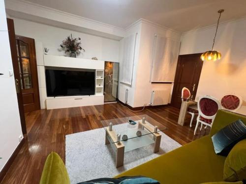 sala de estar con sofá verde y TV en Precioso apartamento a estrenar en Bilbao., en Bilbao