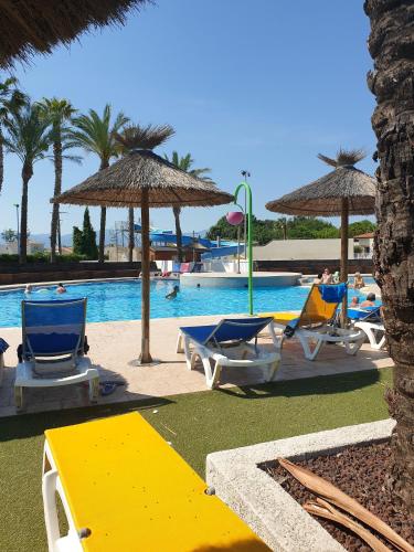 una piscina con sillas, sombrillas y gente en el agua en Bungalow de 3 chambres avec piscine partagee terrasse amenagee et wifi a Saint Cyprien a 3 km de la plage, en Saint-Cyprien