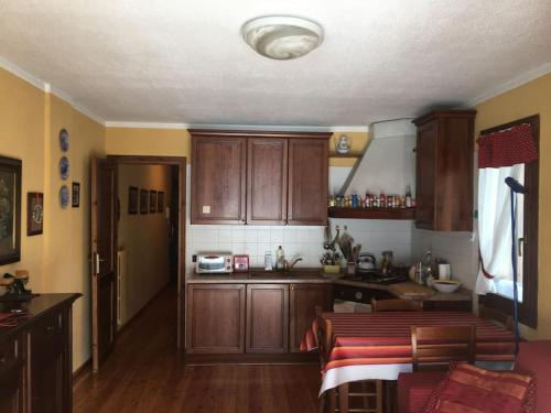 a kitchen with wooden cabinets and a refrigerator at Cozy mountains apartments in Borgata Sestriere