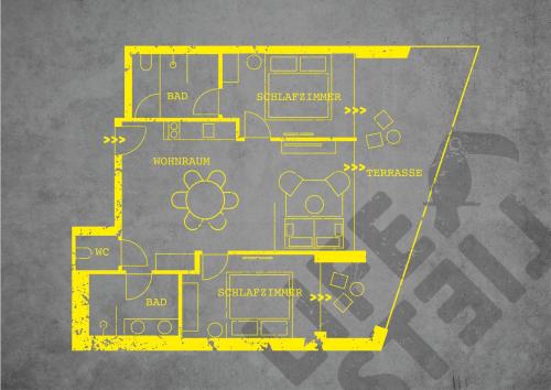 a drawing of a floor plan of a building at Lifesteil Aparthotel in Umhausen