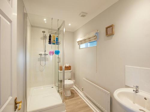 uma casa de banho com um chuveiro, um WC e um lavatório. em Tor Cottage em Exeter