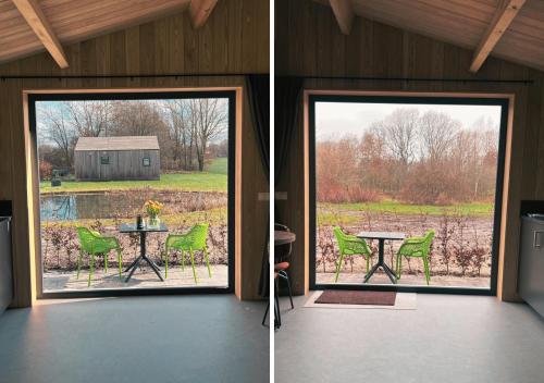 two images of a screened in porch with a table and a window at Pullevaart in Elim