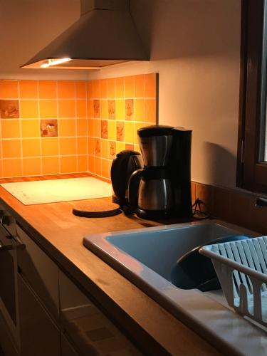 uma cozinha com um lavatório e uma cafeteira no balcão em Au Bol d'Éire em Montreuil-sur-Brêche