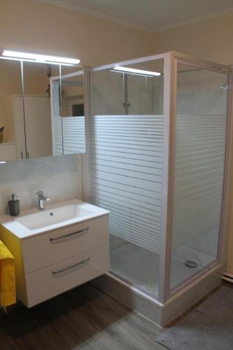 W łazience znajduje się szklana kabina prysznicowa i umywalka. w obiekcie Ferienwohnung Krümel w mieście Emden