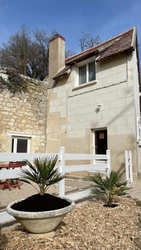 un bâtiment avec une clôture blanche et deux palmiers dans l'établissement Le Gîte des Rochettes, 600m à pied du Zoo de Beauval, à Saint-Aignan