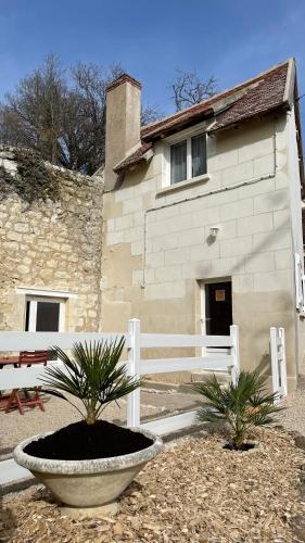 a building with a white fence and two palm trees at Le Gîte des Rochettes, 600m à pied du Zoo de Beauval in Saint-Aignan