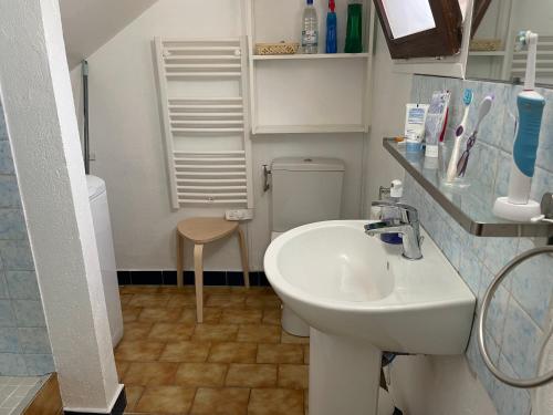une petite salle de bain avec un lavabo et des toilettes dans l'établissement Vacances entre Bormes et Le Lavandou, à Bormes-les-Mimosas