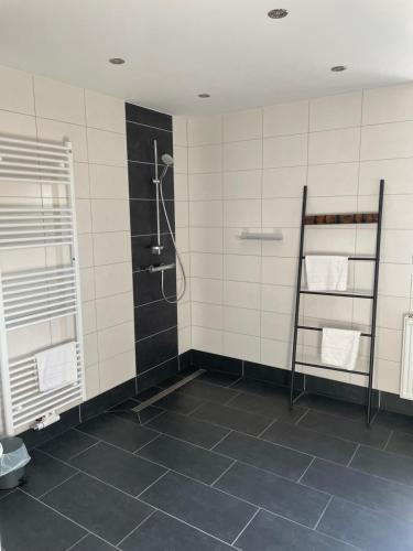 a bathroom with a shower and a black tile floor at Appartment am Rosenplatz in Brechtorf