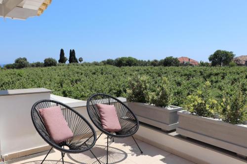 two chairs with pink cushions sitting on a balcony with plants at ASSINI View in Asíni
