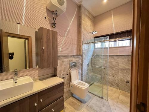 y baño con aseo, lavabo y ducha. en Exquisite 5 Bedroom Villa in Kano en Kano