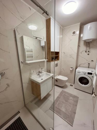 La salle de bains est pourvue d'une douche, de toilettes et d'un lavabo. dans l'établissement Luxury Apartment Kadic, à Sarajevo