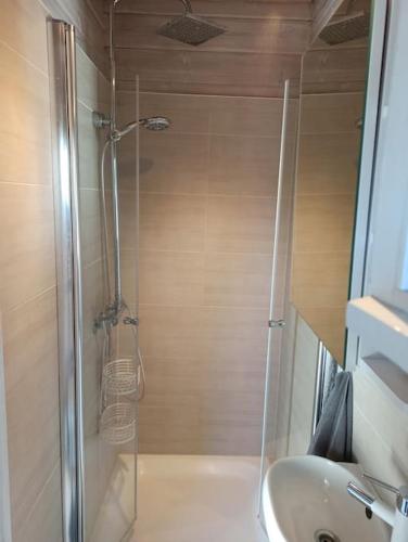 a shower with a glass door next to a sink at Ferienhaus kleines Ostseeglück in Brodersby