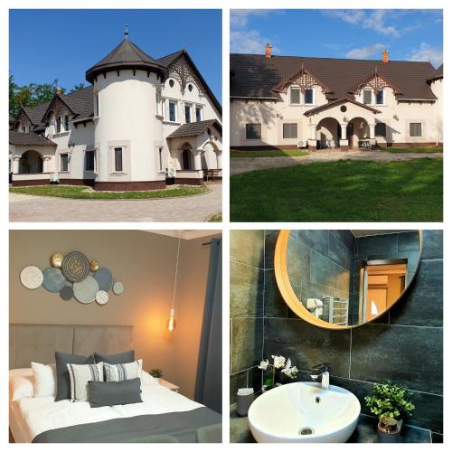 a collage of four pictures of a mansion at Tölgyeserdő Birtok Kaba Szállás és rendezvény in Kaba