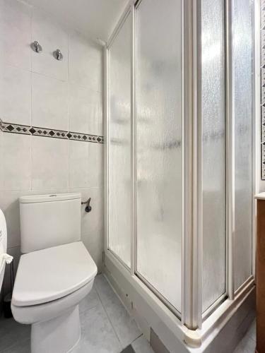 a bathroom with a toilet and a shower at Las Letras Acogedor Huertas San Pedro in Madrid