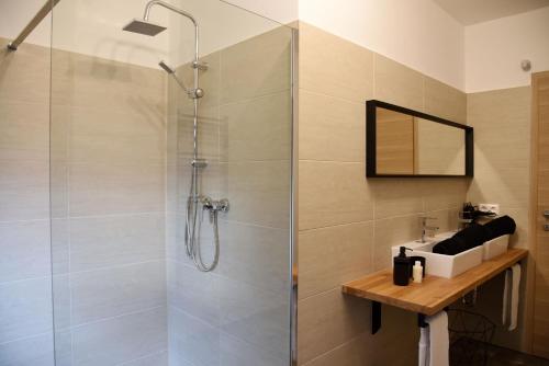 a bathroom with a shower with a glass door at Bungalow-Ferienhaus Thurner in Görtschach