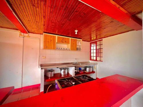 a kitchen with a stove and a red counter top at Hospedaje Finca Bella Vista in Santa Rosa de Cabal