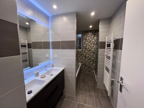 a bathroom with a sink and a walk in shower at Appartement brest st-marc 6-8personne 2min centre in Brest