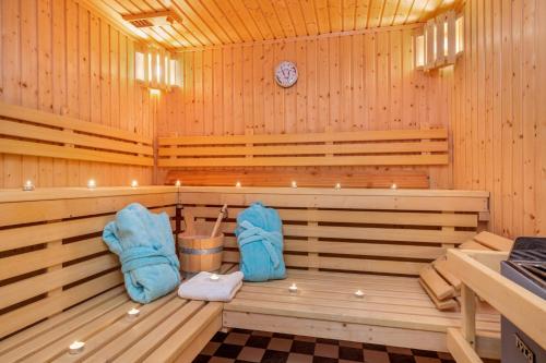 sauna z dwoma niebieskimi torbami siedzącymi w niej w obiekcie Seebrise Zingst w Zingst