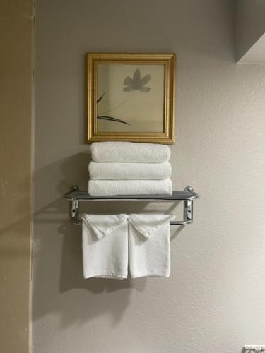 a pile of towels on a towel rack in a bathroom at Days Inn by Wyndham Fayetteville-South/I-95 Exit 49 in Fayetteville