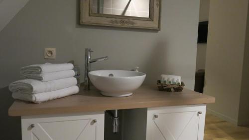 łazienka z umywalką i ręcznikami na ladzie w obiekcie B&B 7T w Brugii