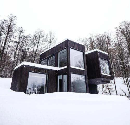 a black house with windows in the snow at Forrest Space - wyjątkowy dom otoczony naturą in Wola Rafałowska