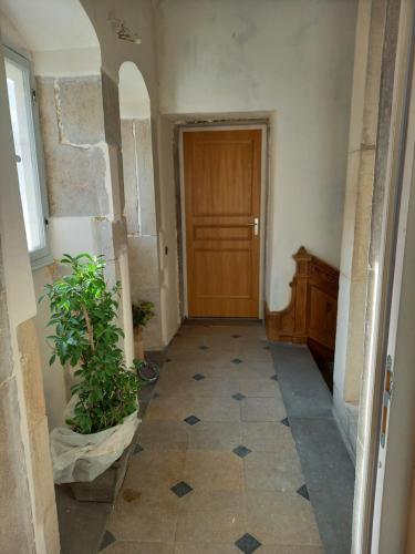 a hallway with a wooden door and a potted plant at Les Meublés du Colombier in Lons-le-Saunier