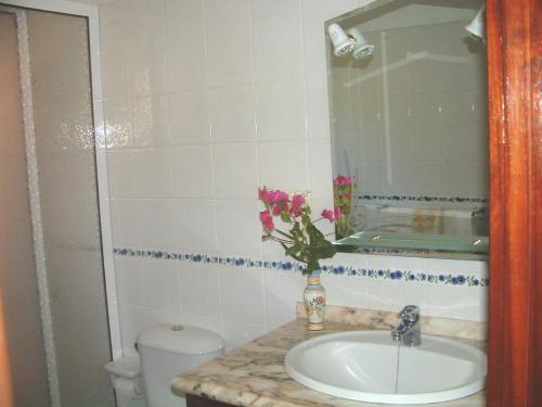 baño con lavabo y jarrón con flores en House the Viñas 2 With views of the sea, the mountains and the volcanoes, en Fuencaliente de la Palma