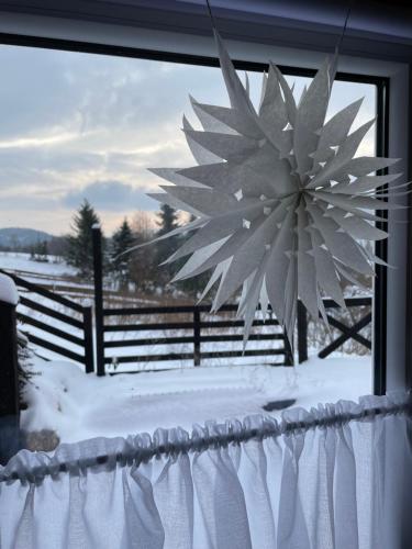 a snow covered window with a snowflake on it at Wioska w Sowich Sokolec in Sokolec