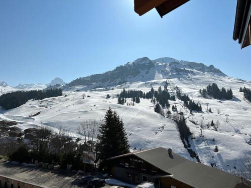 pokryta śniegiem góra ze stokiem narciarskim w obiekcie Appartement duplex avec vue sur le domaine skiable w mieście Le Grand-Bornand