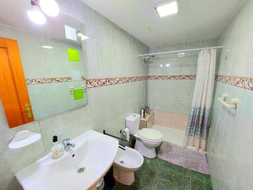 een badkamer met een wastafel, een toilet en een douche bij Casa Azul in Costa de Antigua