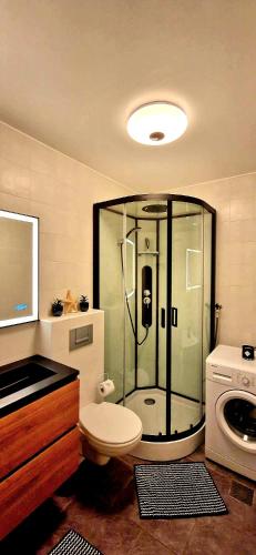 a bathroom with a shower with a toilet and a sink at Appartement in residentie Silverbeach met binnenzwembad in De Haan