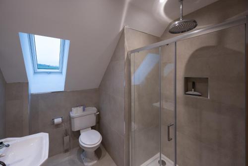 W łazience znajduje się prysznic, toaleta i umywalka. w obiekcie Oystercatcher - Converted luxury steading w mieście Perth
