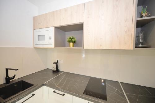 a kitchen with a sink and a microwave at Solaris Lux Apartments in Kotor