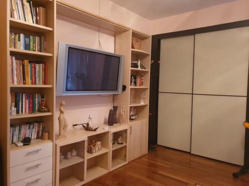 ein Wohnzimmer mit einem TV und Bücherregalen in der Unterkunft Appartamento duplex in Carpi