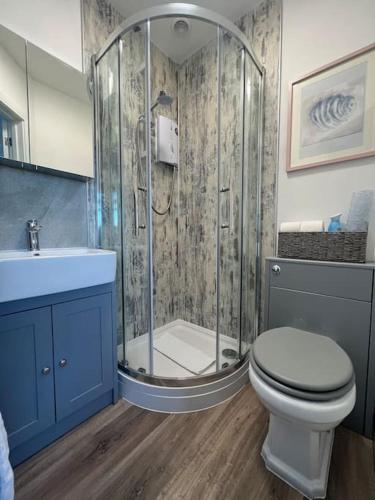 a bathroom with a shower and a toilet and a sink at Palms34 5 minute walk to beach Bungalow in Westward Ho