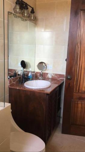 a bathroom with a sink and a toilet and a mirror at Vista Gaital/ Gaital View in Antón