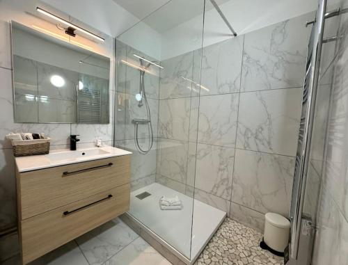 une salle de bain avec une douche, un lavabo et un miroir dans l'établissement Superbe appartement neuf - 5min beach walk, à Nice