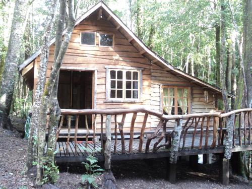 una cabaña de madera en medio del bosque en Cabaña Rustica Patagonia Chilena, en Coñaripe