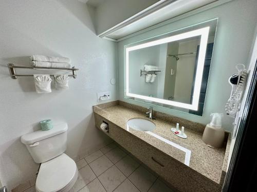 y baño con aseo, lavabo y espejo. en Baymont by Wyndham Kansas City KU Medical Center, en Kansas City