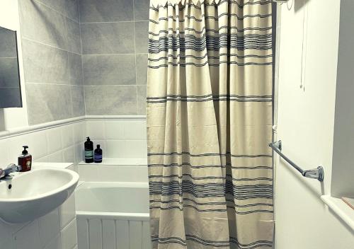 a bathroom with a shower curtain and a sink at Peniel Properties - Welwyn Garden City in Welwyn Garden City