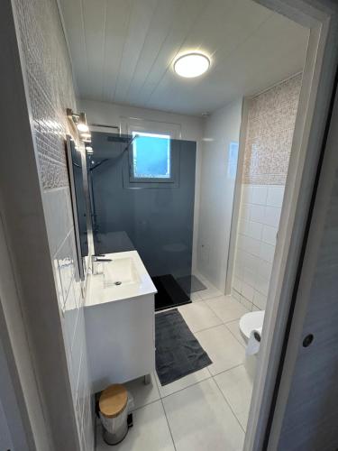 La salle de bains est pourvue d'un lavabo, de toilettes et d'un miroir. dans l'établissement Jolie Villa indépendante climatisée 3 chambres tout confort 6 couchages, piscine chauffée 4 X 8 disponible de Juin à fin Septembre, grand terrain clos, boulodrome éclairé, ping-pong, wifi, proche commerces et commodités Animaux domestiques sur demande, à Bretenoux