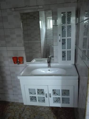 a bathroom with a white sink and a mirror at Matalente Abode in Lilongwe