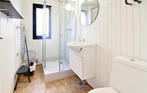 y baño blanco con lavabo y ducha. en Stunning Home In Brenderup Fyn With Wifi, en Skovs-Højrup