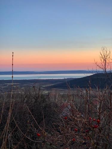 a view of the ocean at sunset from the top of a hill at Kiskacsa Nyúlontúl in Mencshely
