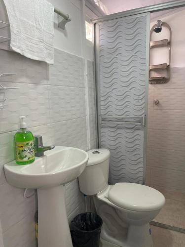 La salle de bains est pourvue d'un lavabo, de toilettes et d'une douche. dans l'établissement Apartamento Vacacional Riohacha, à Ríohacha