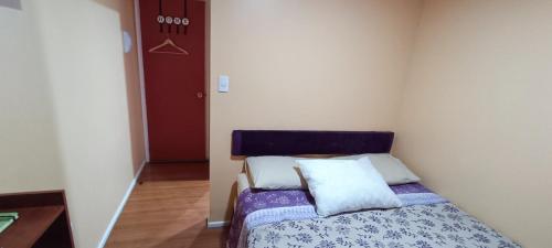Dormitorio pequeño con cama con almohadas en Bosque Valdiviano Apartment, en Valdivia