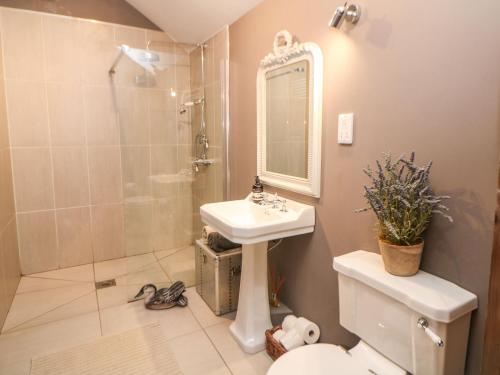 een badkamer met een wastafel, een douche en een toilet bij Five Wells Barn in Flagg