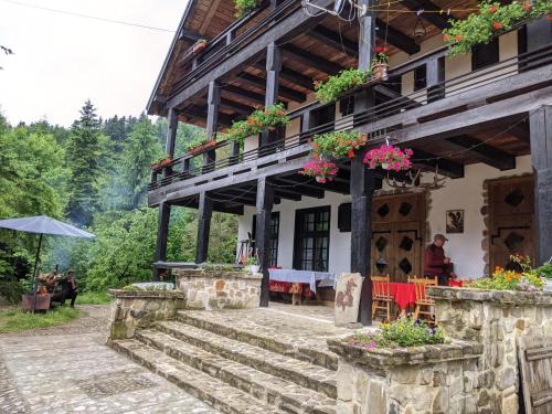 a building with a table and chairs in front of it at Cabana Serenade in Suceviţa