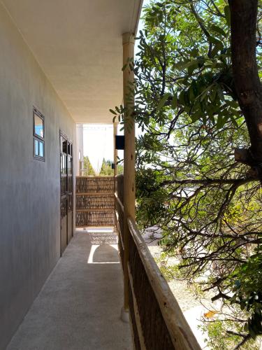 a porch of a house with a tree and a fence at The Mantarraya Outpost in La Paz
