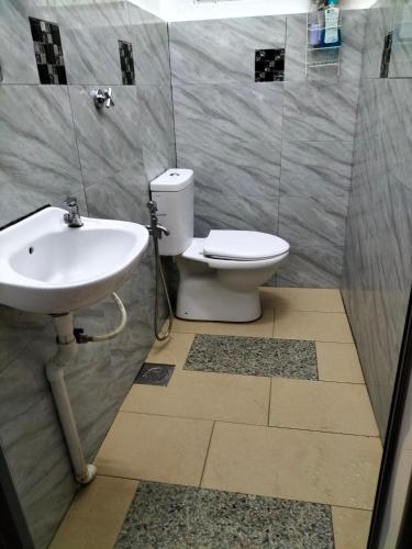 uma casa de banho com um lavatório e um WC em Che Na Homestay Pontian em Pontian Kechil